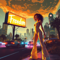 A futuristic cityscape at dusk features a woman in stylish attire standing confidently beside a glowing billboard that reads Freedom, symbolizing the essence of choice and liberation.