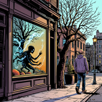 A figure walks past a shop window, where a shadowy creature reaches out against a backdrop of bare trees, illustrating the idea that not everything is as it appears.