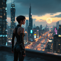 A figure in a sleek outfit stands on a rooftop, gazing at a vibrant city skyline at dusk. A glowing orb illuminates the horizon, symbolizing choices in the face of an unstoppable future.