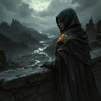 A cloaked figure stands on a stone wall, gazing out over a dark, misty landscape, evoking the phrase, May the odds be ever in your favor, amidst a somber, dramatic atmosphere.