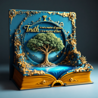 A beautifully crafted book sculpture featuring a tree at its center, surrounded by intricate gears. The quote Truth is not a matter of opinion; it is a matter of fact is prominently displayed.