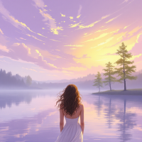 A woman in a flowing white dress stands by a tranquil lake, gazing at a vibrant sunset. Soft mist surrounds her, evoking a sense of introspection and connection to nature.