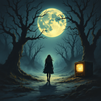 A silhouetted figure walks down a dark, eerie path between twisted trees, illuminated by a large, glowing moon and the faint light from an old television.