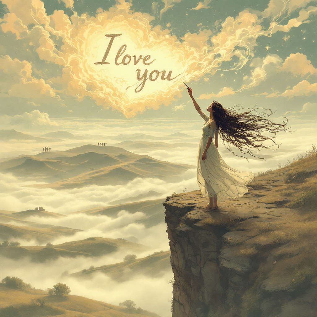 A woman in a flowing white dress stands on a cliff, reaching toward a golden cloud that spells I love you against a dreamy, misty landscape of rolling hills and a sky filled with soft colors.