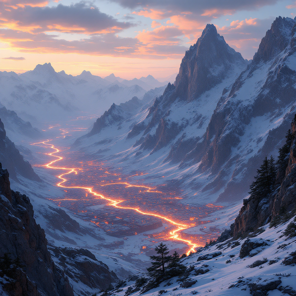 A breathtaking valley nestled between snow-capped mountains, with a river of glowing amber and rose hues flickering beneath a thick layer of snow, reminiscent of the Alps.