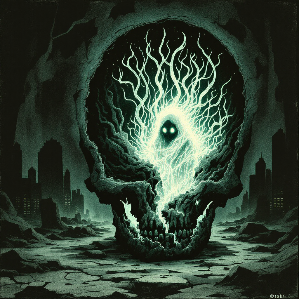 An eerie skull looms over a desolate landscape, with ghostly tendrils of light intertwining within, symbolizing the internal struggles of monsters and ghosts that reside in us.