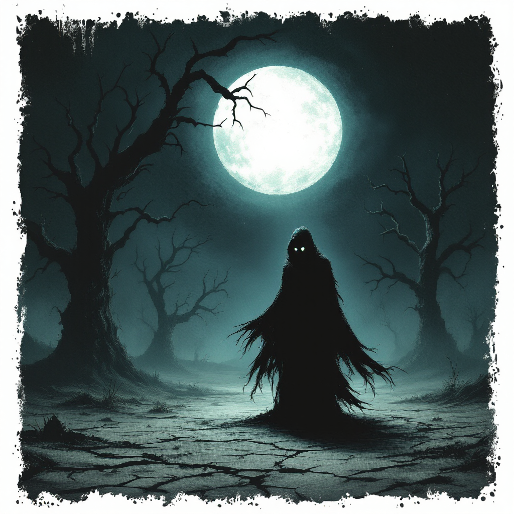 A shadowy figure stands in a dark, eerie landscape under a full moon, surrounded by twisted trees, evoking the haunting idea of being hunted in solitude.