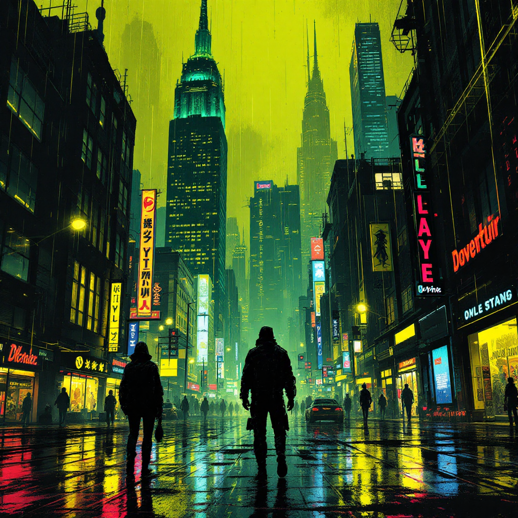 A vibrant, neon-lit cityscape with towering skyscrapers under a green-tinged sky. Silhouetted figures stand on a rain-soaked street, evoking themes of creator and creation.