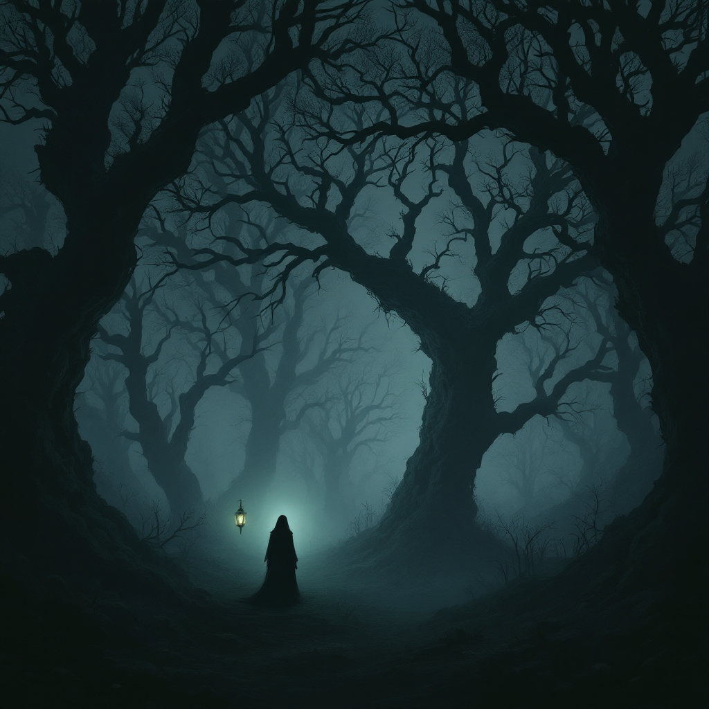 A cloaked figure stands in a shadowy forest, illuminated by a lantern. Gnarled trees tower around them, embodying the quote about dark whispers and hidden secrets.