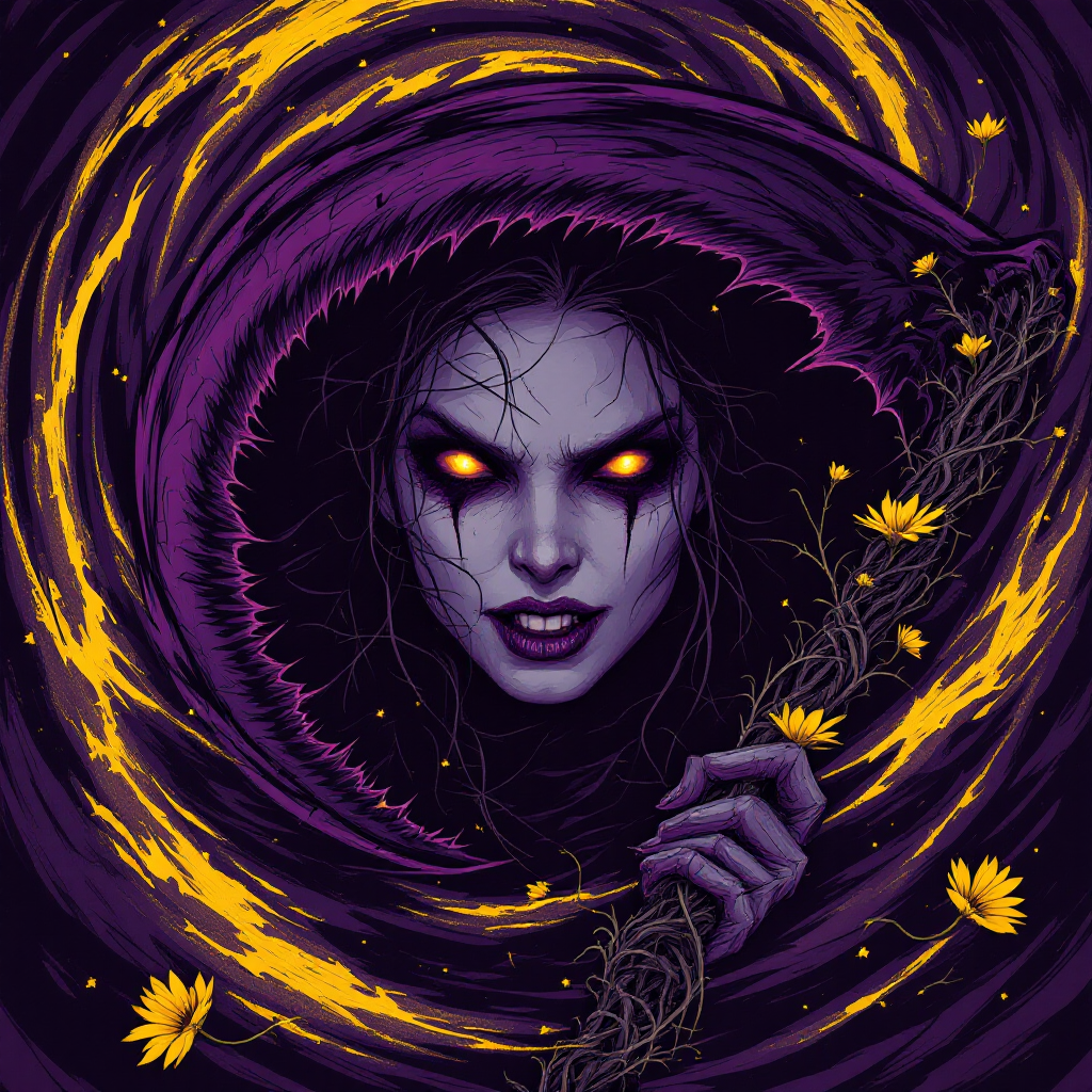 A haunting figure with glowing yellow eyes and dark, flowing hair emerges from a swirling purple vortex, embodying the quote Fear is a weapon as it holds a twisted staff adorned with flowers.