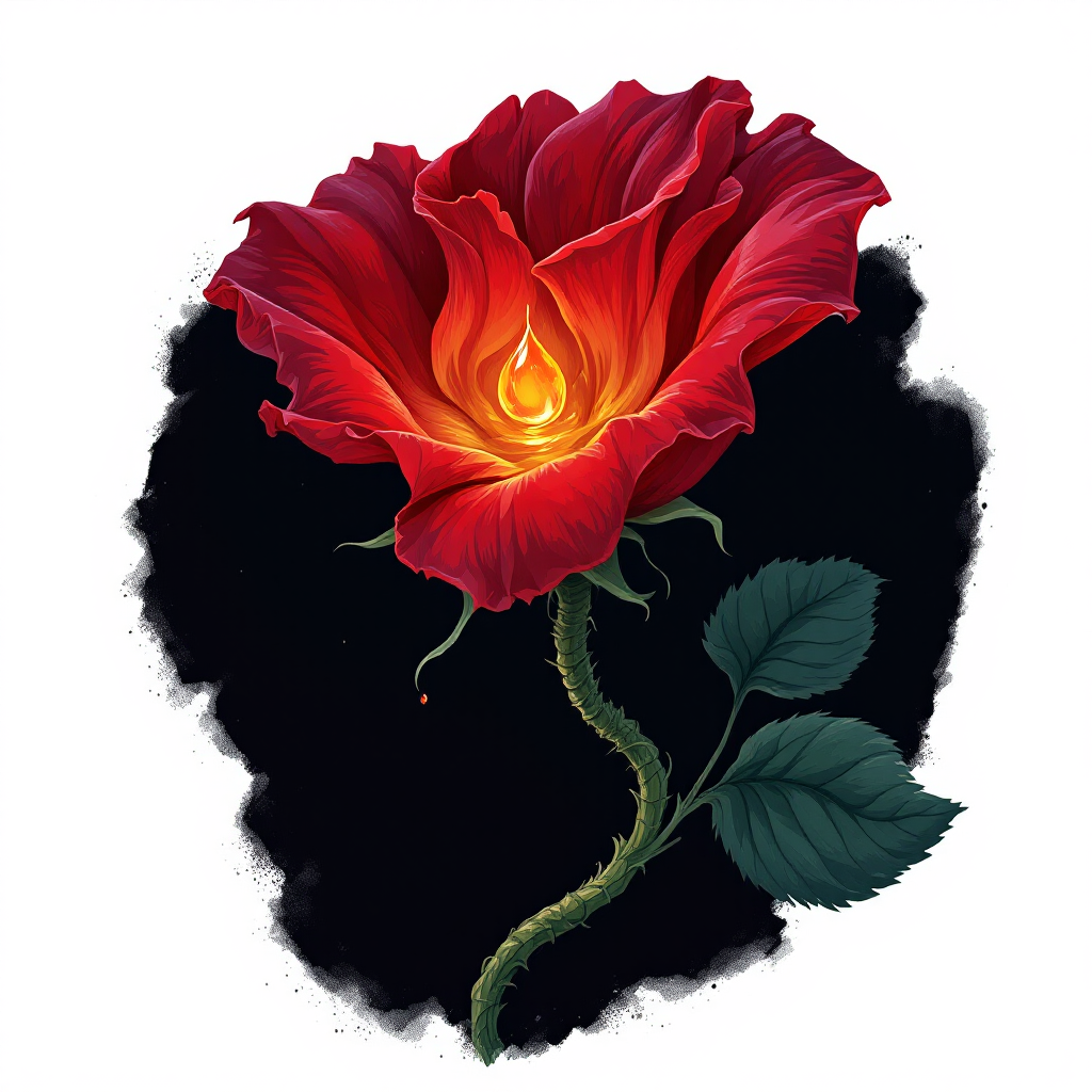 A vibrant red rose with a glowing center, set against a dark background, embodies the quote Love was a savage, tender thing, symbolizing the duality of love's beauty and ferocity.