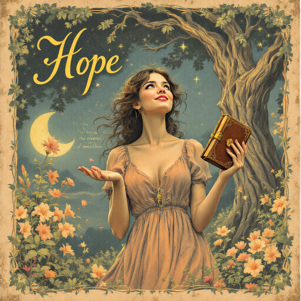 A woman in a flowing dress gazes upwards with a sense of wonder, holding a book, surrounded by a lush, enchanted landscape under a crescent moon, embodying the essence of hope.