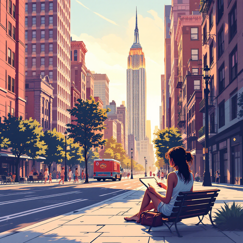 A woman sits on a bench reading in a sunlit New York street, with the Empire State Building towering in the background, embodying the tranquility of summer afternoons in the city.