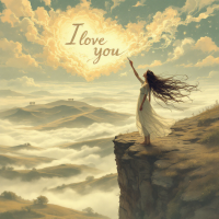 A woman in a flowing white dress stands on a cliff, reaching toward a golden cloud that spells I love you against a dreamy, misty landscape of rolling hills and a sky filled with soft colors.