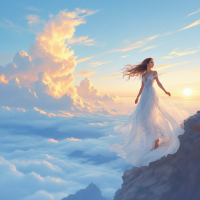 A woman in a flowing white dress stands atop a rocky cliff, gazing at a breathtaking sunset above a sea of clouds, embodying the freedom to dream and the essence of being human.