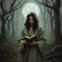 A hooded figure stands in a dark, misty forest, holding an open book, with a large, luminous moon glowing behind her, embodying contemplation and the weight of the past.