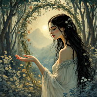 A serene woman in a flowing dress stands amidst a lush forest, framed by vines and flowers, conveying the tension between desire and divinity in a tranquil, dreamy setting.