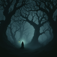 A cloaked figure stands in a shadowy forest, illuminated by a lantern. Gnarled trees tower around them, embodying the quote about dark whispers and hidden secrets.