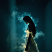 A ethereal figure in a flowing dress stands in a dim space, surrounded by swirling mist and soft lights, embodying the fragility of trust as suggested by the quote.