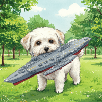 A playful small dog holds a miniature battleship in its mouth, surrounded by a lush green park, illustrating a humorous miscalculation of scale in a fictional battle scenario.