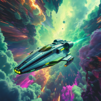 A sleek spaceship cruises through a vibrant, swirling cosmic tunnel, capturing a moment of navigating unfathomable odds on the way to restoring an uncertain normality.