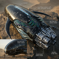 A sleek, insect-like ship with a reflective black shell marked by scars and cracks, translucent water-metal gill arrays, a crystal spine, sickle-shaped wings, and clustered silvery engines.