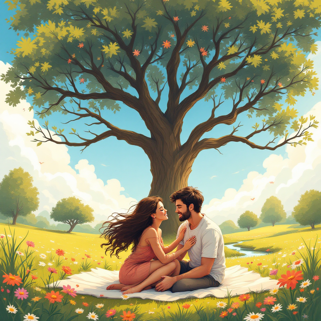 A couple sits on a blanket beneath a vibrant tree, surrounded by blooming flowers, sharing a tender moment in a serene landscape that reflects love and connection.