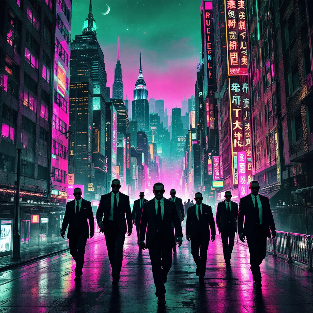 A group of sharply dressed individuals walks confidently through a neon-lit cityscape, embodying the quote, Say what you will about organized crime, at least it's organized.