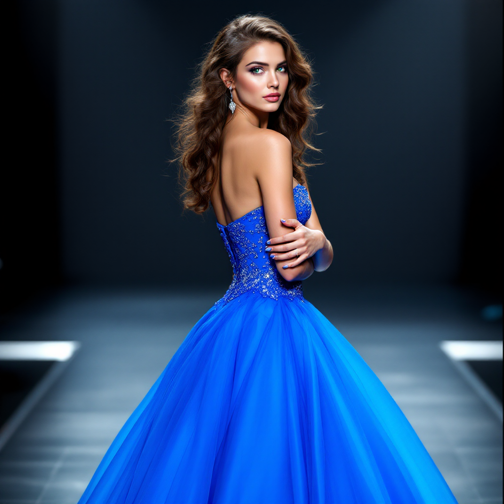 A woman in a stunning blue gown stands confidently, gazing over her shoulder, embodying the thrill of winning and the joy of self-expression, as inspired by the quote on embracing excitement.