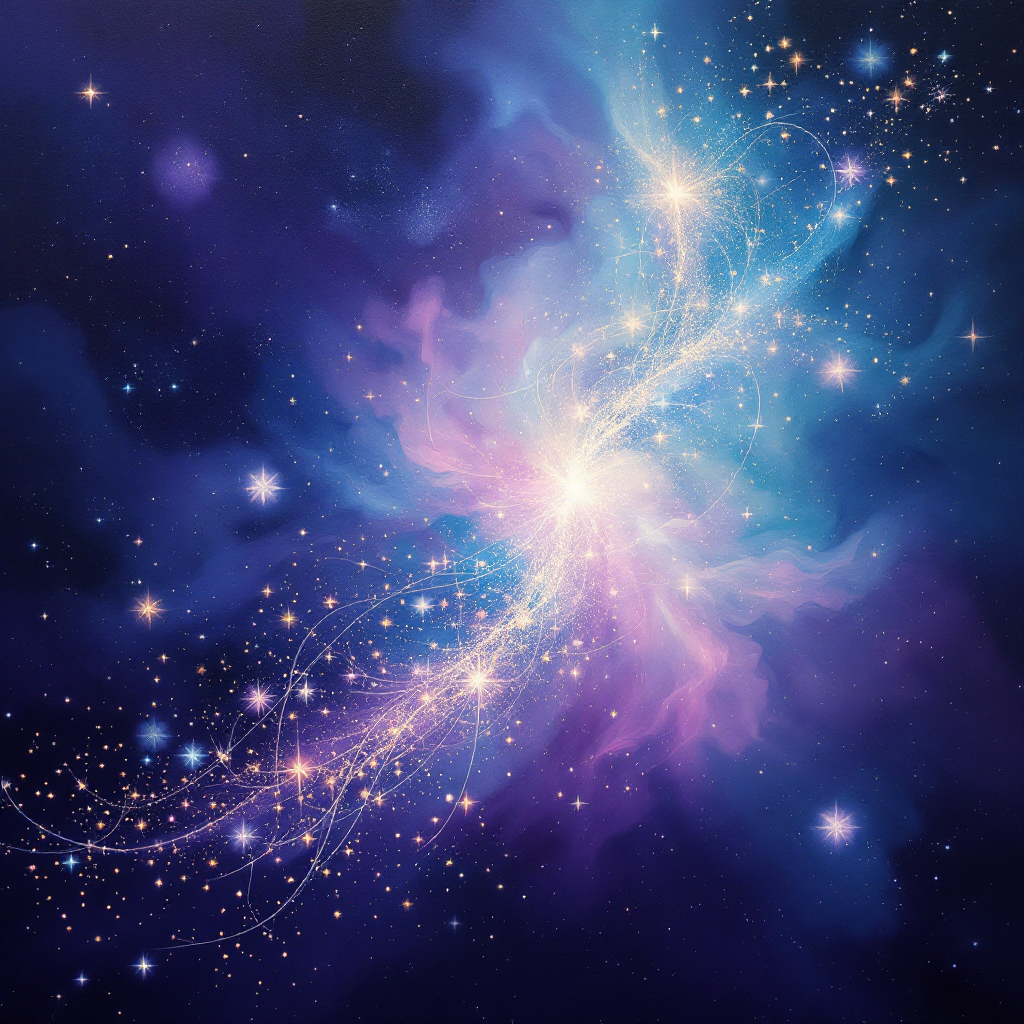 A vibrant cosmic scene filled with swirling colors of blue and purple, speckled with bright stars, reflecting the idea of influencing others’ desires and aspirations.