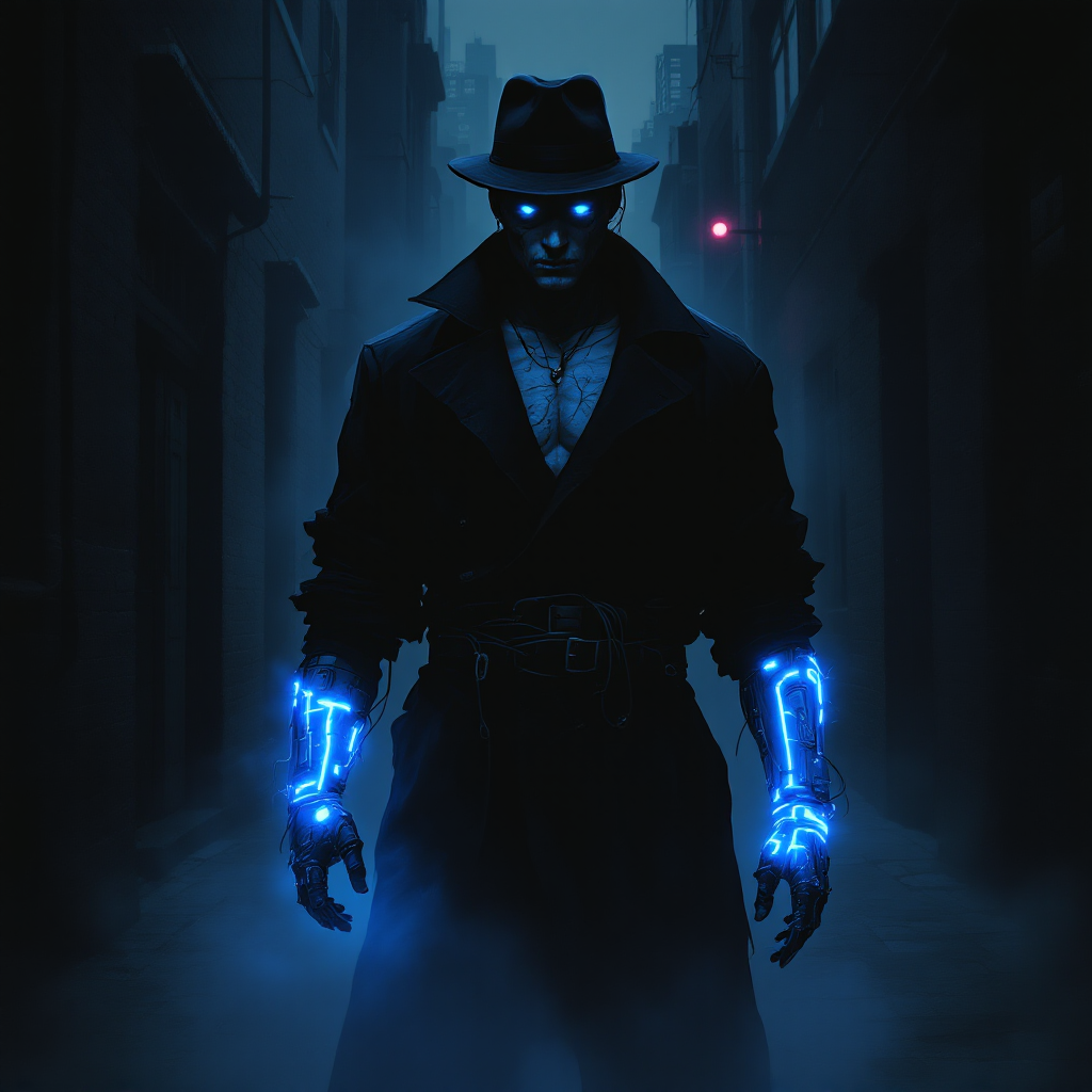 A shadowy figure in a trench coat stands in a misty alley, glowing blue cybernetic arms reflecting resilience, embodying the quote about handling scars and personal identity.