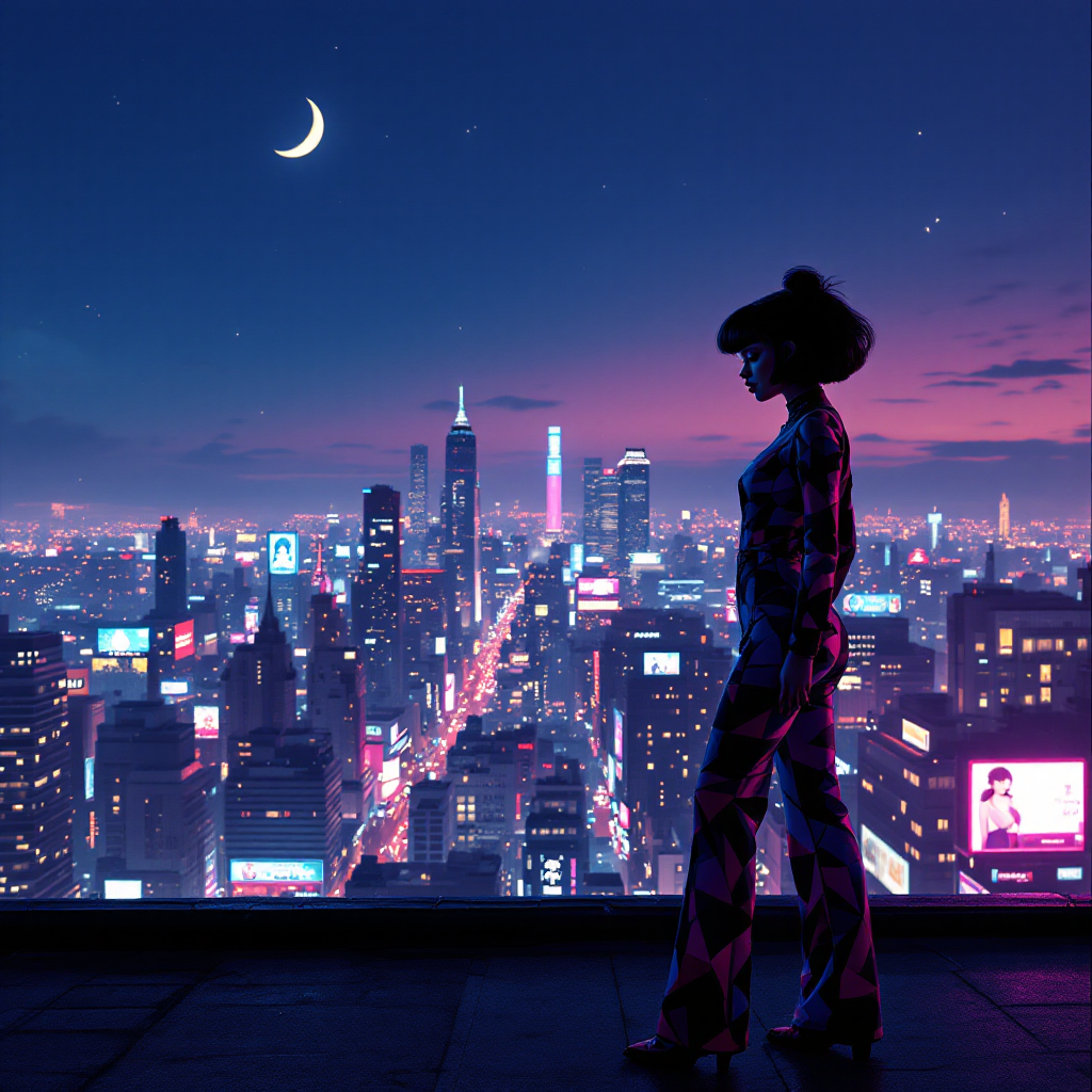 A figure stands silhouetted against a vibrant night skyline, embodying the fleeting nature of fame and life, with a crescent moon glowing above the bustling city below.