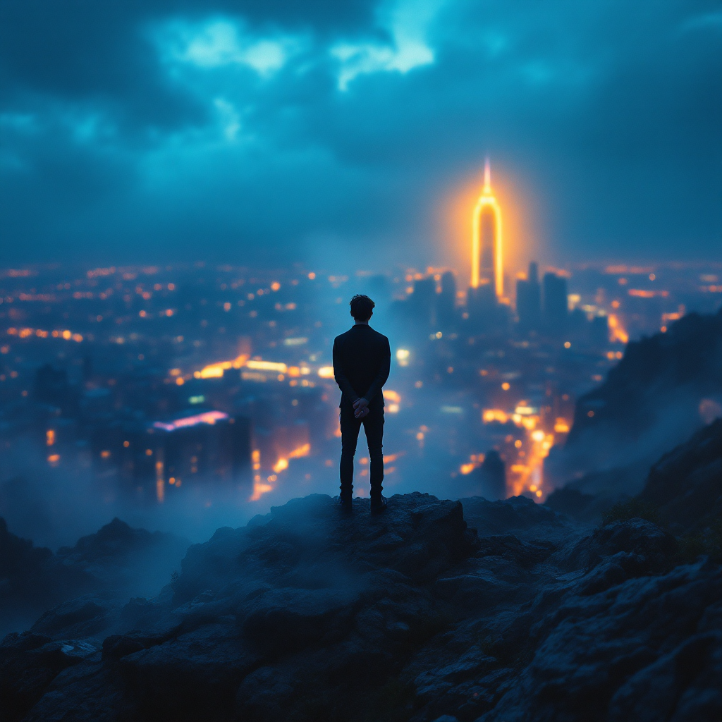 A figure stands atop a rocky outcrop, gazing at a city skyline illuminated by a glowing skyscraper, embodying the potential of individuals to impact the world.