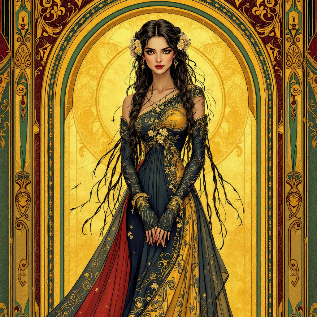 A confident woman in a richly detailed, flowing gown stands in an ornate archway, embodying the strength and assertiveness suggested by the quote about setting boundaries.