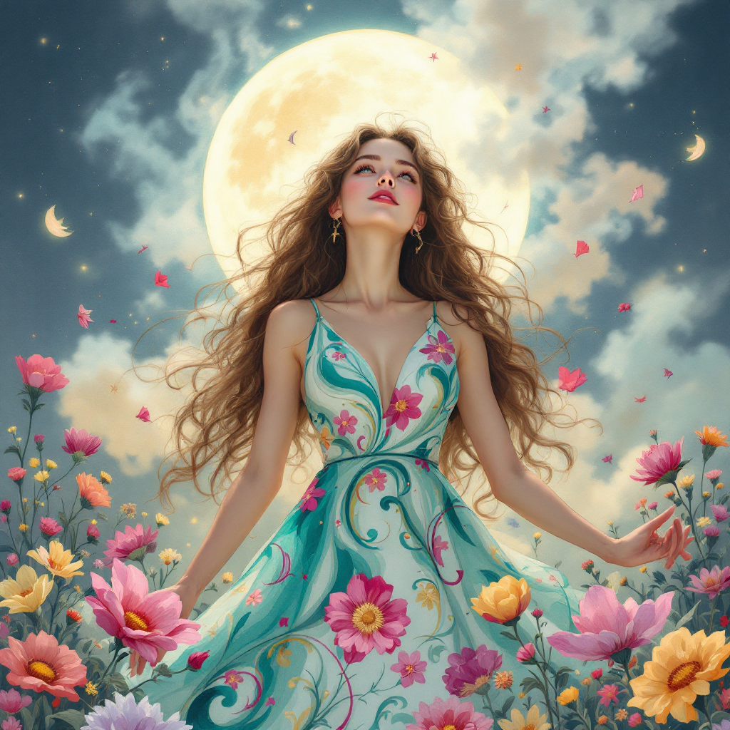 A woman in a floral dress stands amidst colorful flowers under a glowing moon, embodying the quote's theme of love's beauty and the potential for pain.