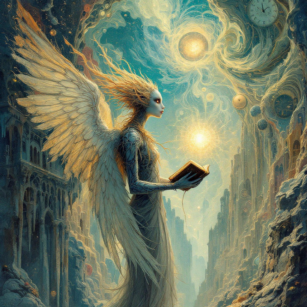 An ethereal figure with angelic wings stands in a mystical landscape, holding an open book, symbolizing the profound power of choice as a defining aspect of humanity.