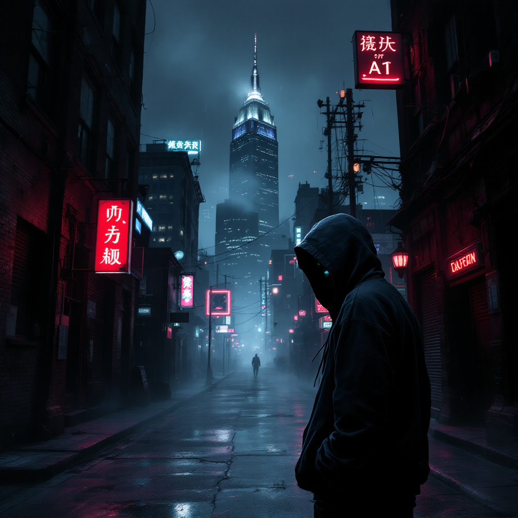 A shadowy figure in a hoodie stands in a dimly lit alley, surrounded by glowing red signs and mist, evoking a sense of secrecy and whispers in the night.