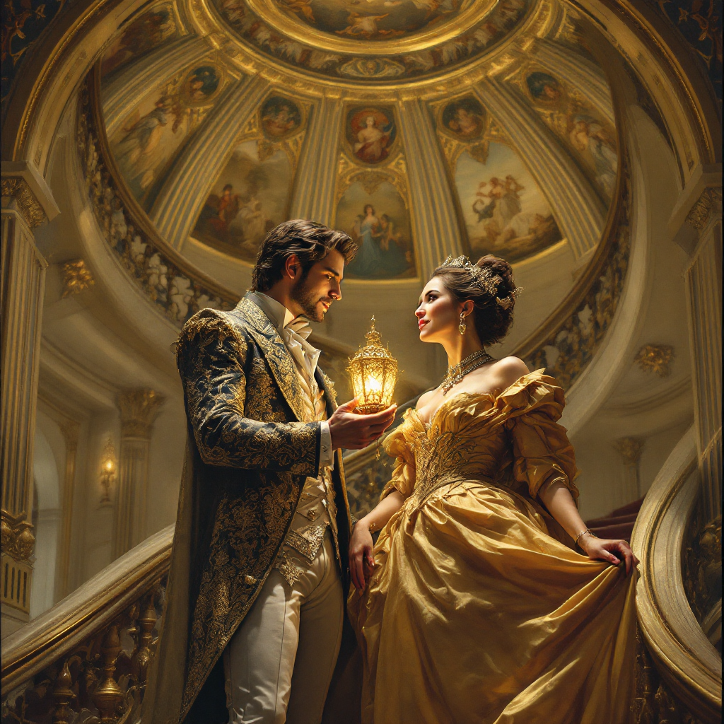 A man in an ornate suit holds a lantern, gazing affectionately at a woman in a golden gown on an elegant staircase, embodying the shared nature of power and connection.