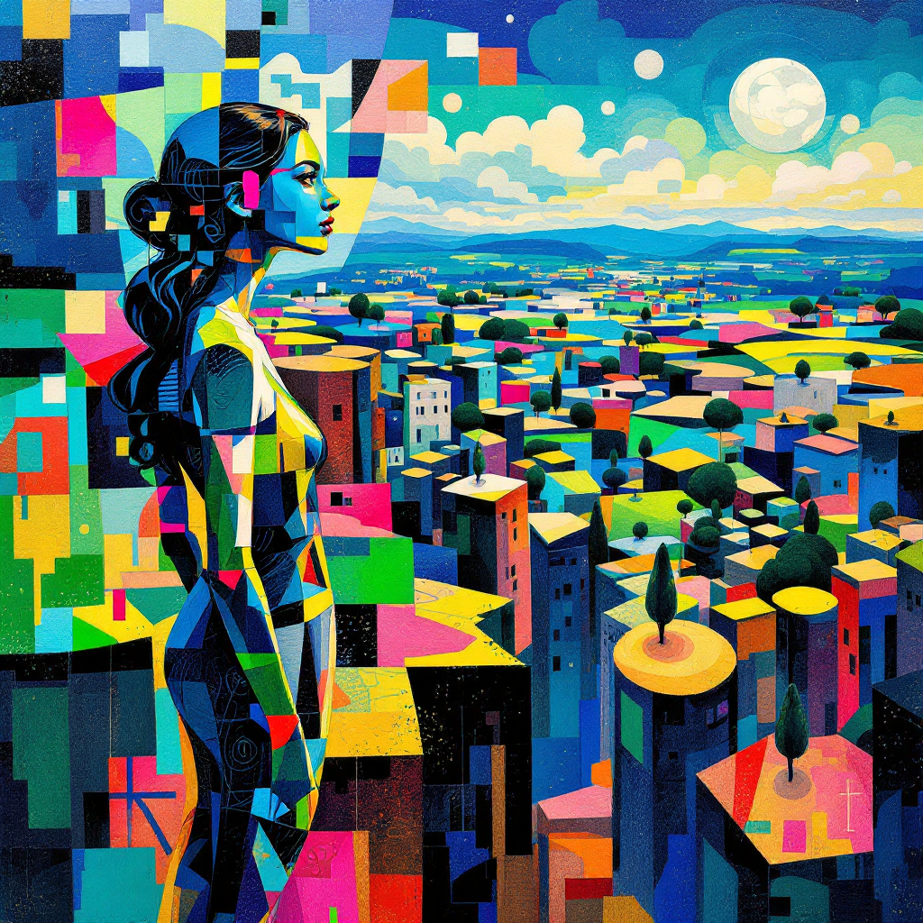 A vibrant, abstract landscape features a contemplative figure gazing over a colorful cityscape, embodying the sentiment that life's beauty lies in its unfinished chapters.