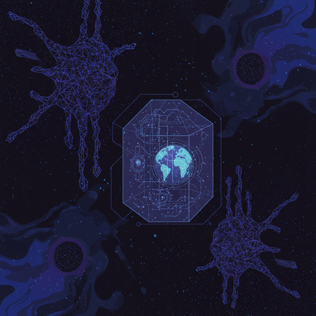 A digital Earth enclosed within a translucent geometric vault, surrounded by dark, abstract, spiky forms representing the hypothetical controlling intelligences.