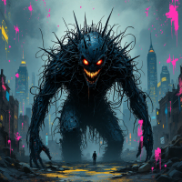 A towering, shadowy monster with spiky features and glowing eyes looms over a dark, abandoned city street, embodying the quote about truth and monsters.