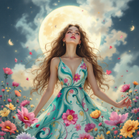 A woman in a floral dress stands amidst colorful flowers under a glowing moon, embodying the quote's theme of love's beauty and the potential for pain.