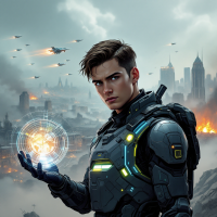 A young soldier in futuristic armor stands amidst a war-torn city, holding a glowing sphere of information, embodying the balance of strength and strategy. Explosions and aircraft are visible in the background.