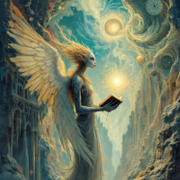 An ethereal figure with angelic wings stands in a mystical landscape, holding an open book, symbolizing the profound power of choice as a defining aspect of humanity.