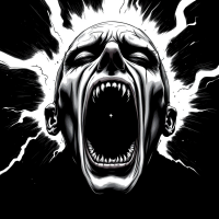 A stark, black-and-white illustration of a screaming figure with sharp teeth, surrounded by explosive energy, reflecting the quote about yawns as pleas for escape from relentless reality.