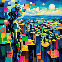 A vibrant, abstract landscape features a contemplative figure gazing over a colorful cityscape, embodying the sentiment that life's beauty lies in its unfinished chapters.