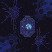 A digital Earth enclosed within a translucent geometric vault, surrounded by dark, abstract, spiky forms representing the hypothetical controlling intelligences.