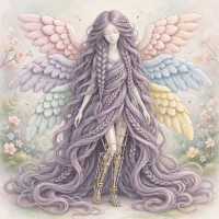 Ethereal humanoid figure with paper-thin pearly skin, long flowing braided hair cascading like a dress, plush multi-colored wings, and delicate prosthetic scaffolding on tapered legs.