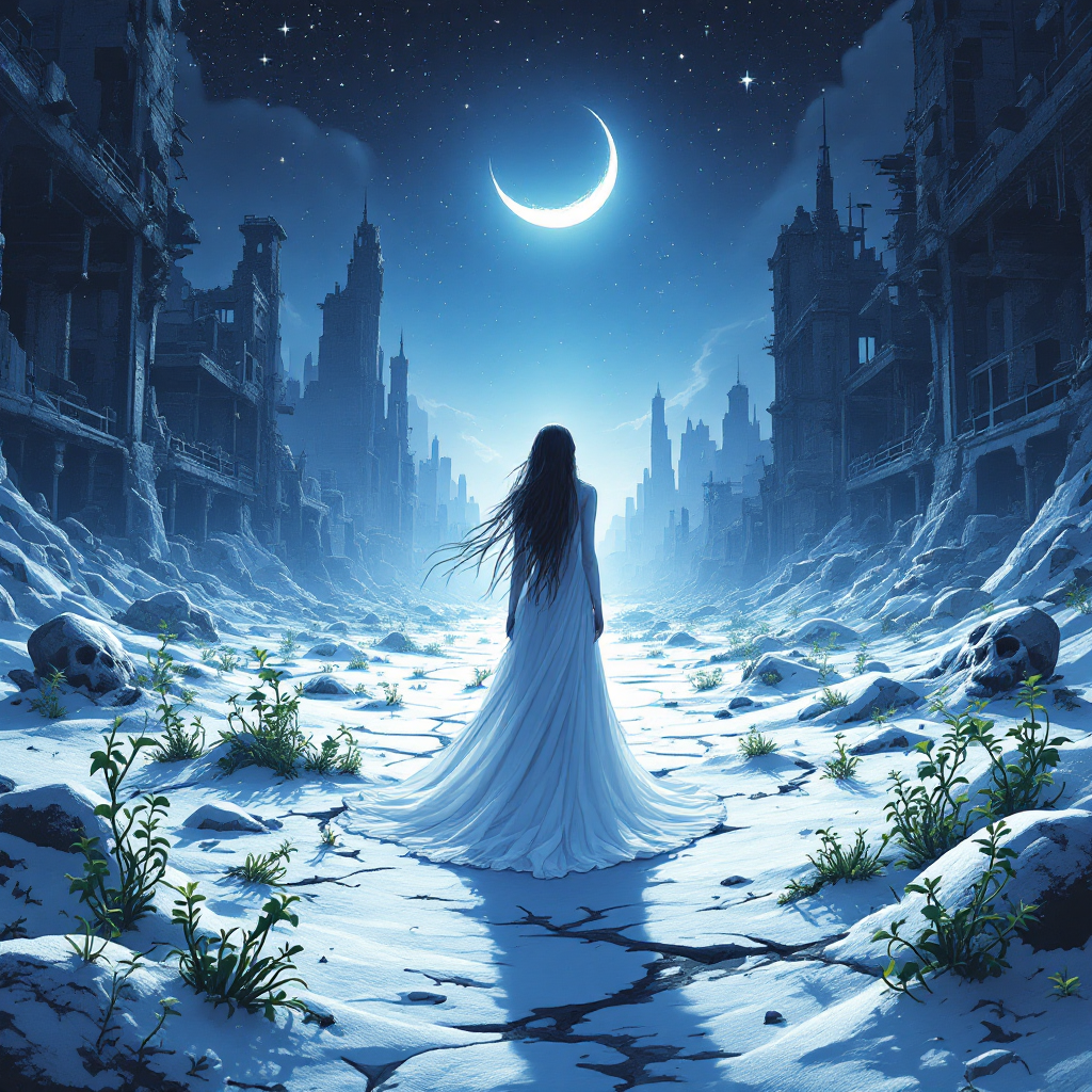 A ghostly figure in a flowing white gown stands amidst a desolate landscape, surrounded by faint skulls and skeletal ruins, under a serene crescent moon, embodying the quote's theme of unity in peace and war.