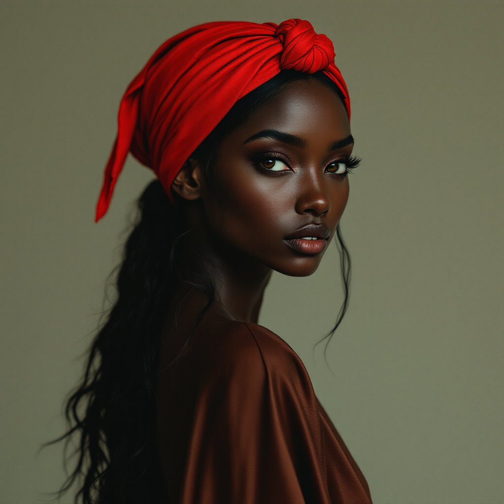 A slim, dark-skinned humanoid woman with long black waves, a full mouth, a unique nose, and striking brown eyes, wearing a red headscarf and a flowing brown dress, evokes a vaguely Arabic appearance.